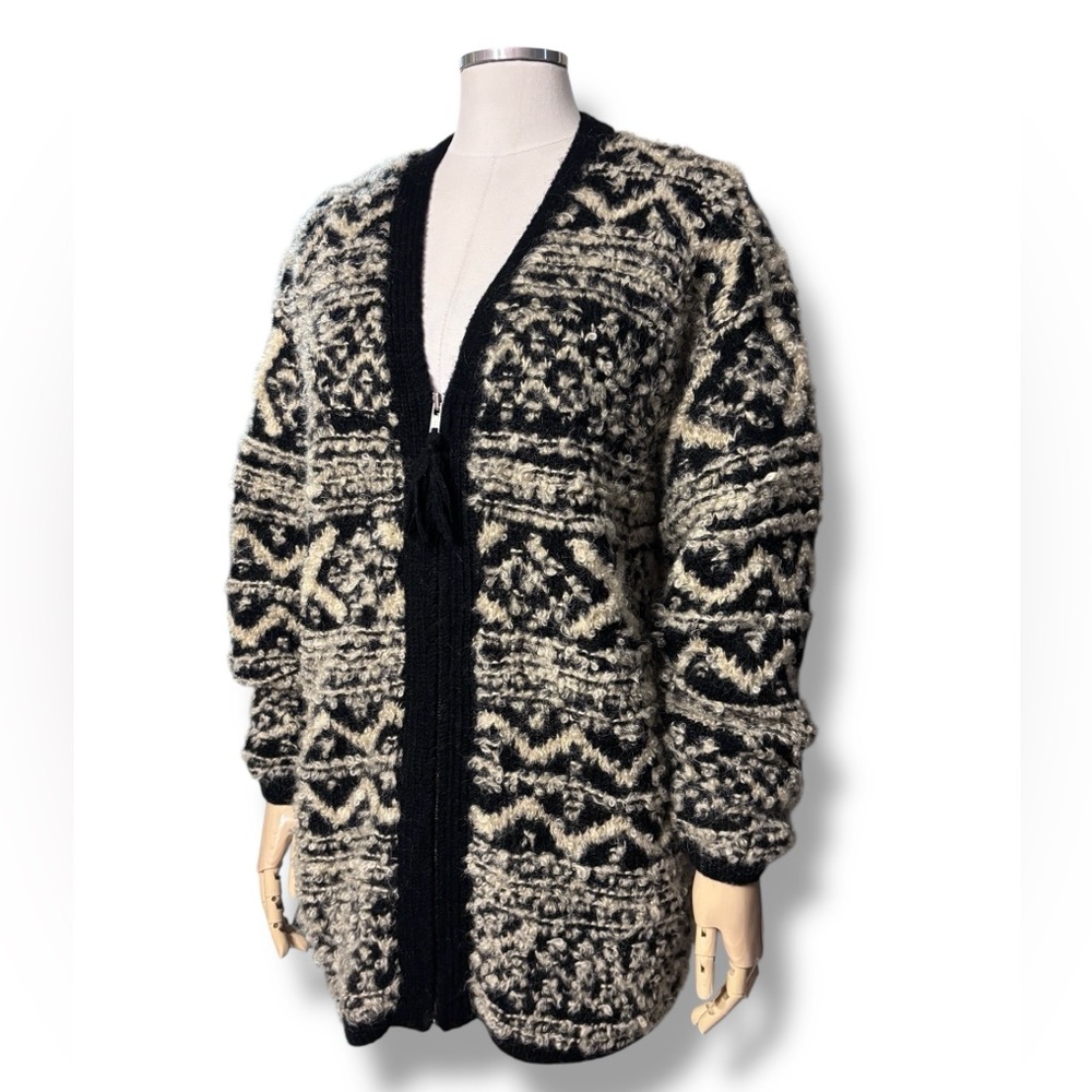 JONES NEW YORK SPORT Black & Cream Hand Knit Bouclé Mohair Cardigan VINTAGE